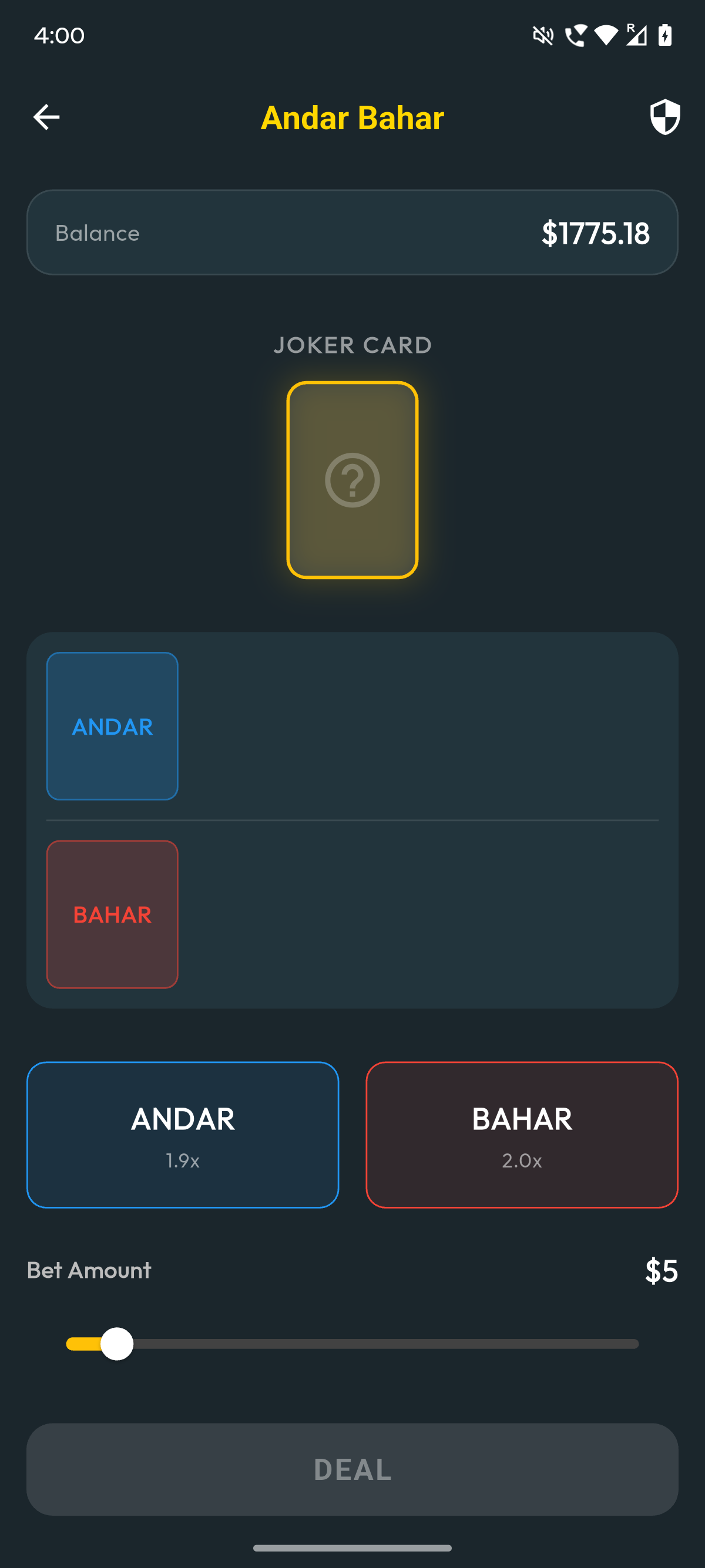 MPlay Andar Bahar game interface showing betting options