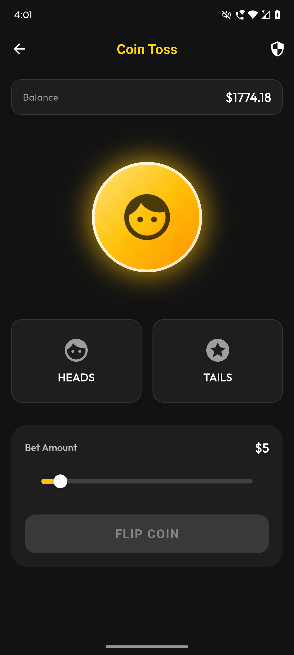 MPlay Coin Toss game interface showing heads and tails options
