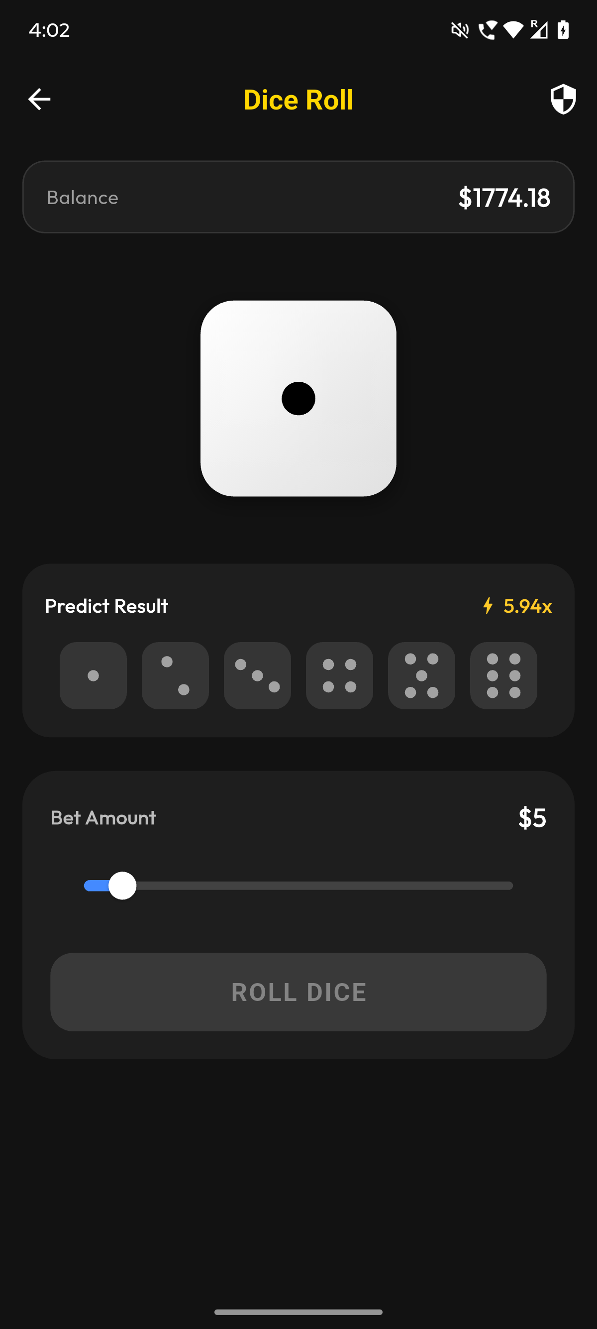 MPlay Dice game interface showing the roll slider and multiplier