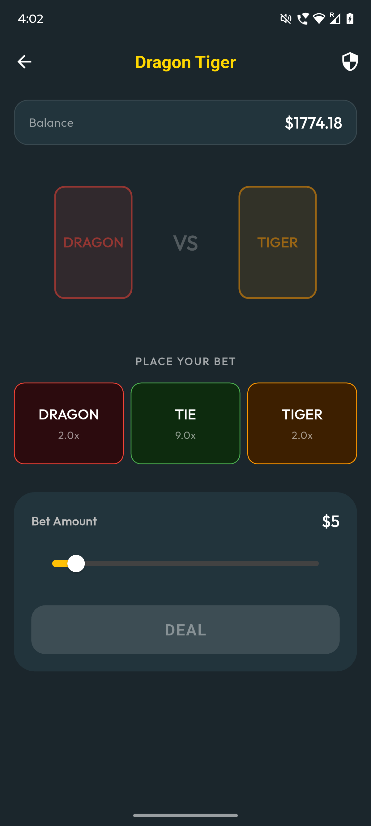 MPlay Dragon Tiger game showing Dragon and Tiger betting positions