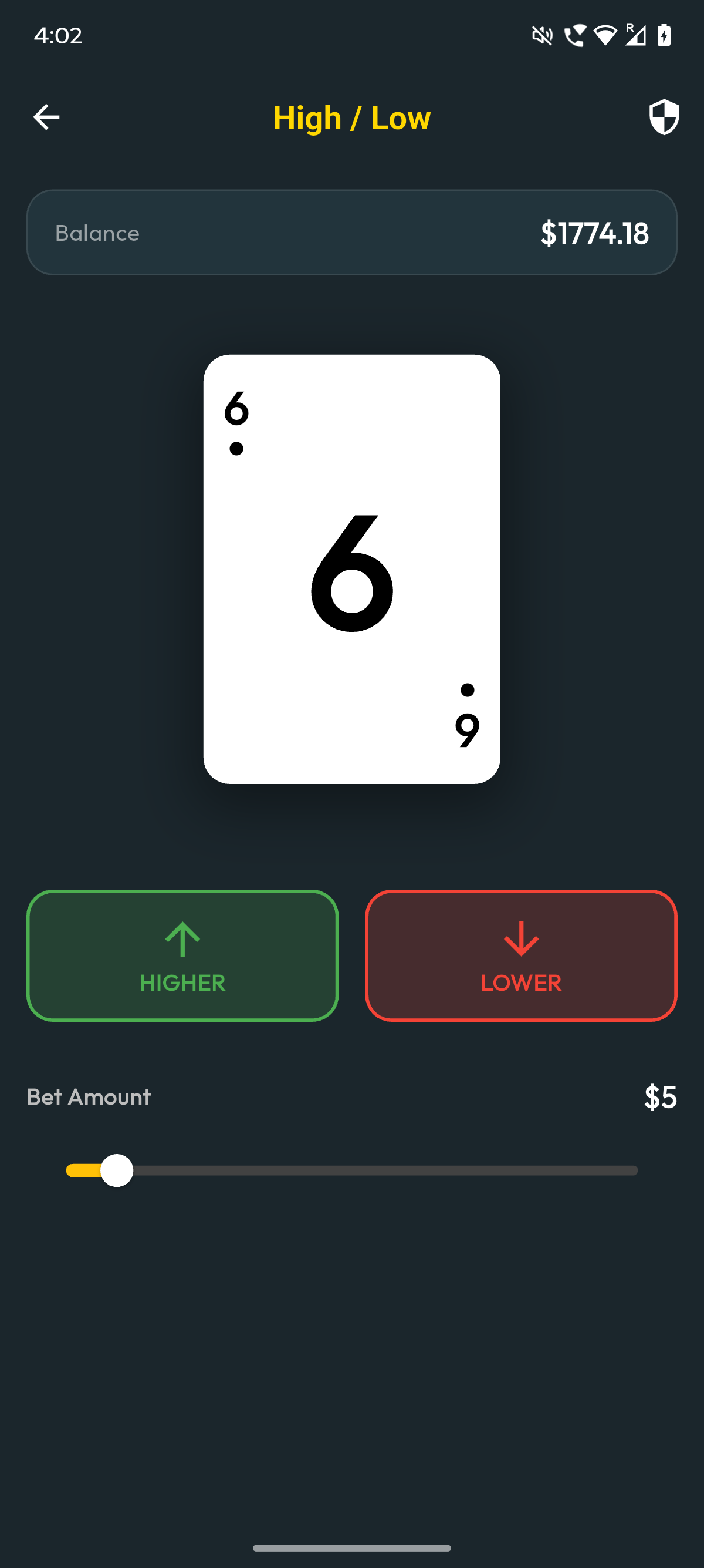 MPlay High-Low game interface showing prediction options