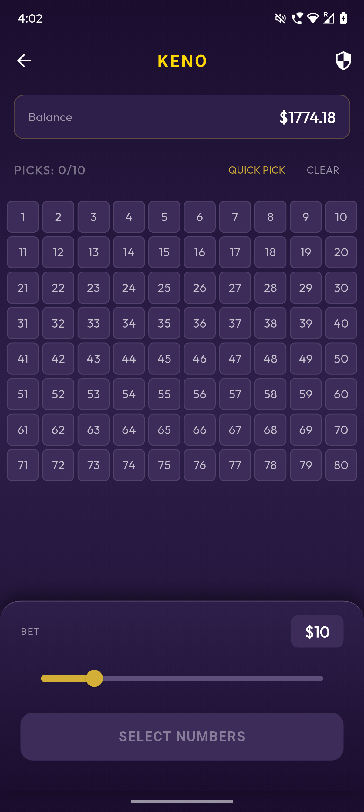 MPlay Keno game interface showing the number selection grid