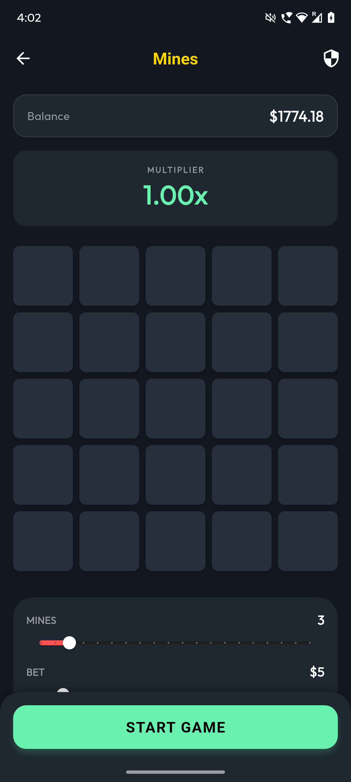 MPlay Mines game interface showing a partially revealed grid