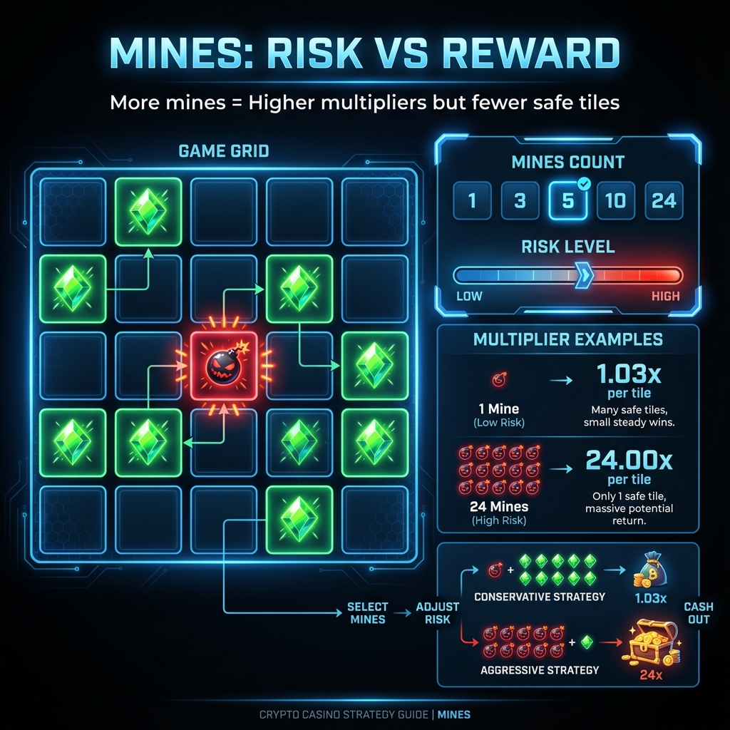 Mines risk vs reward infographic showing multipliers for different mine counts