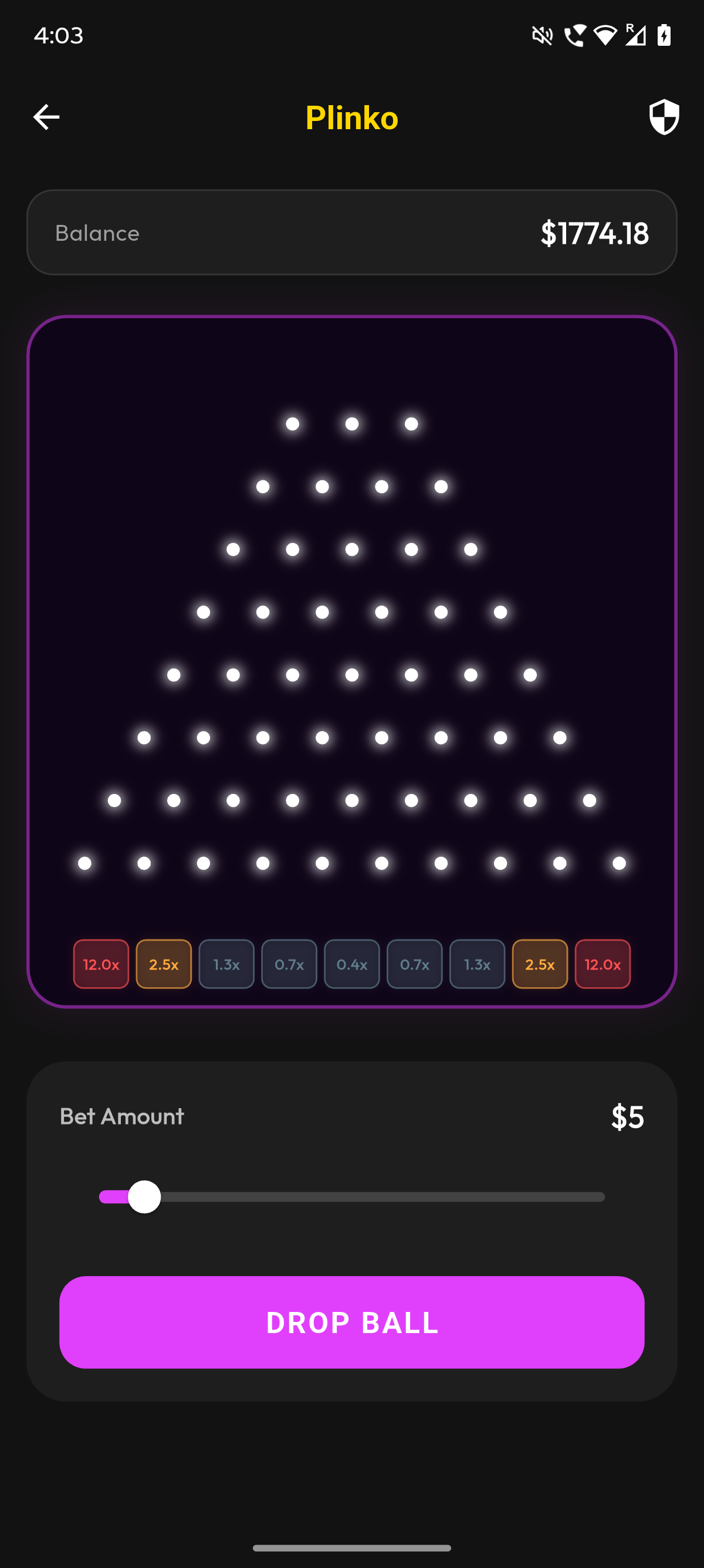 MPlay Plinko game interface showing the ball drop and multiplier slots
