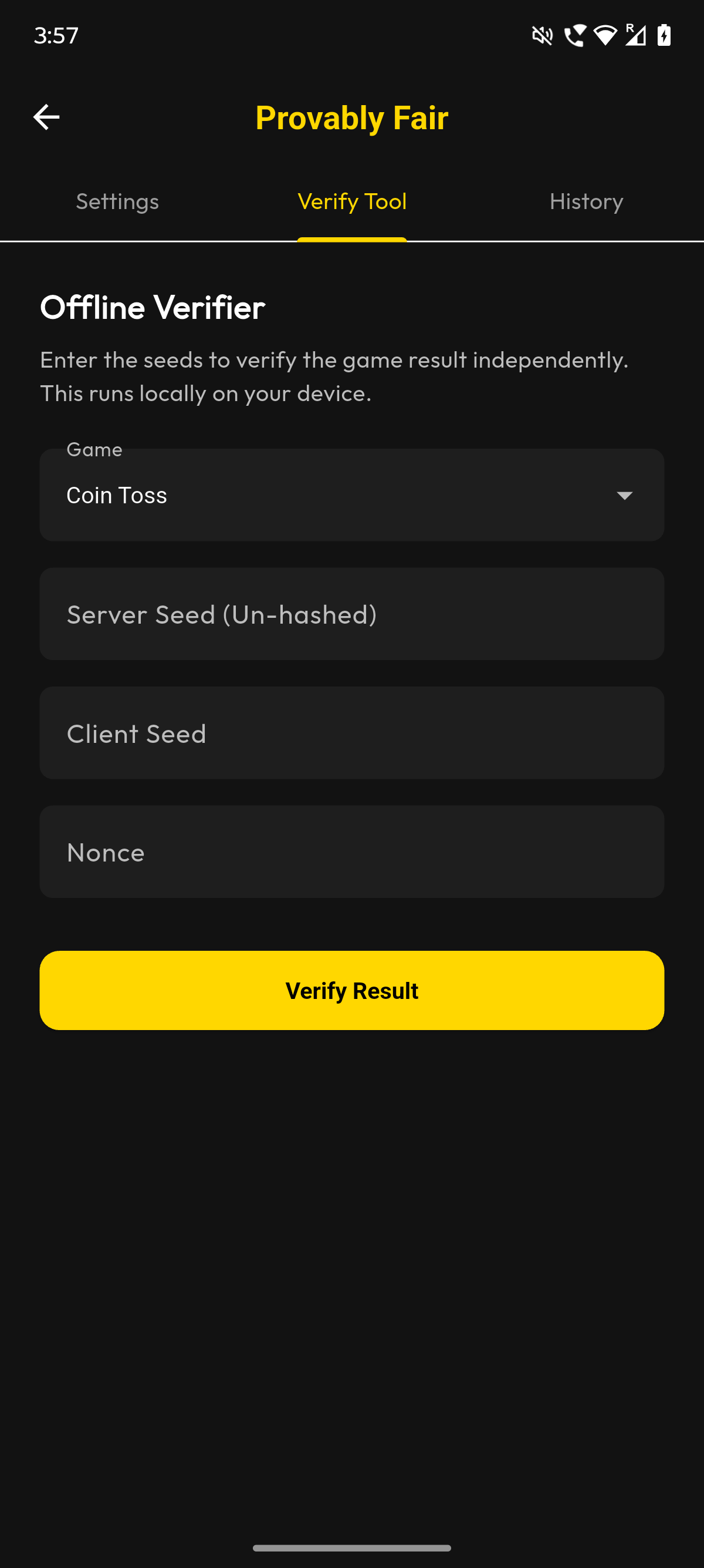 MPlay provably fair verification screen showing seeds and hash