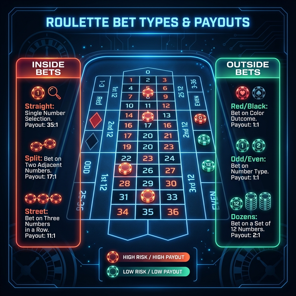 Roulette bet types and payouts infographic