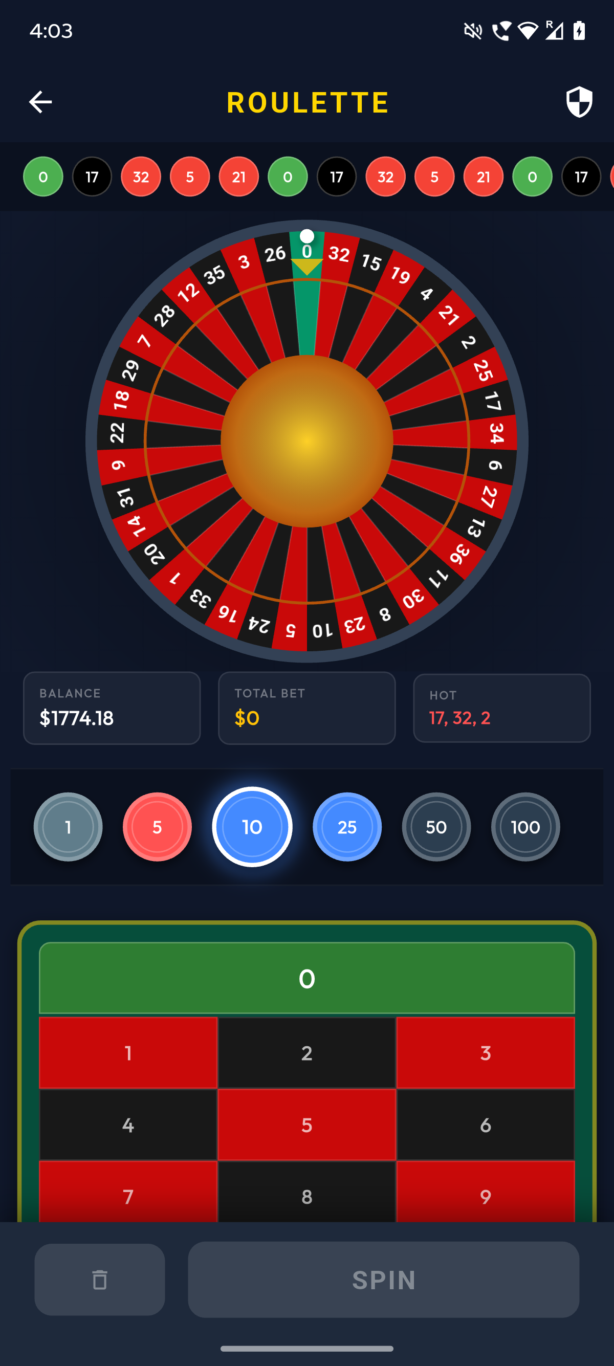 MPlay Roulette game interface showing the wheel and betting table