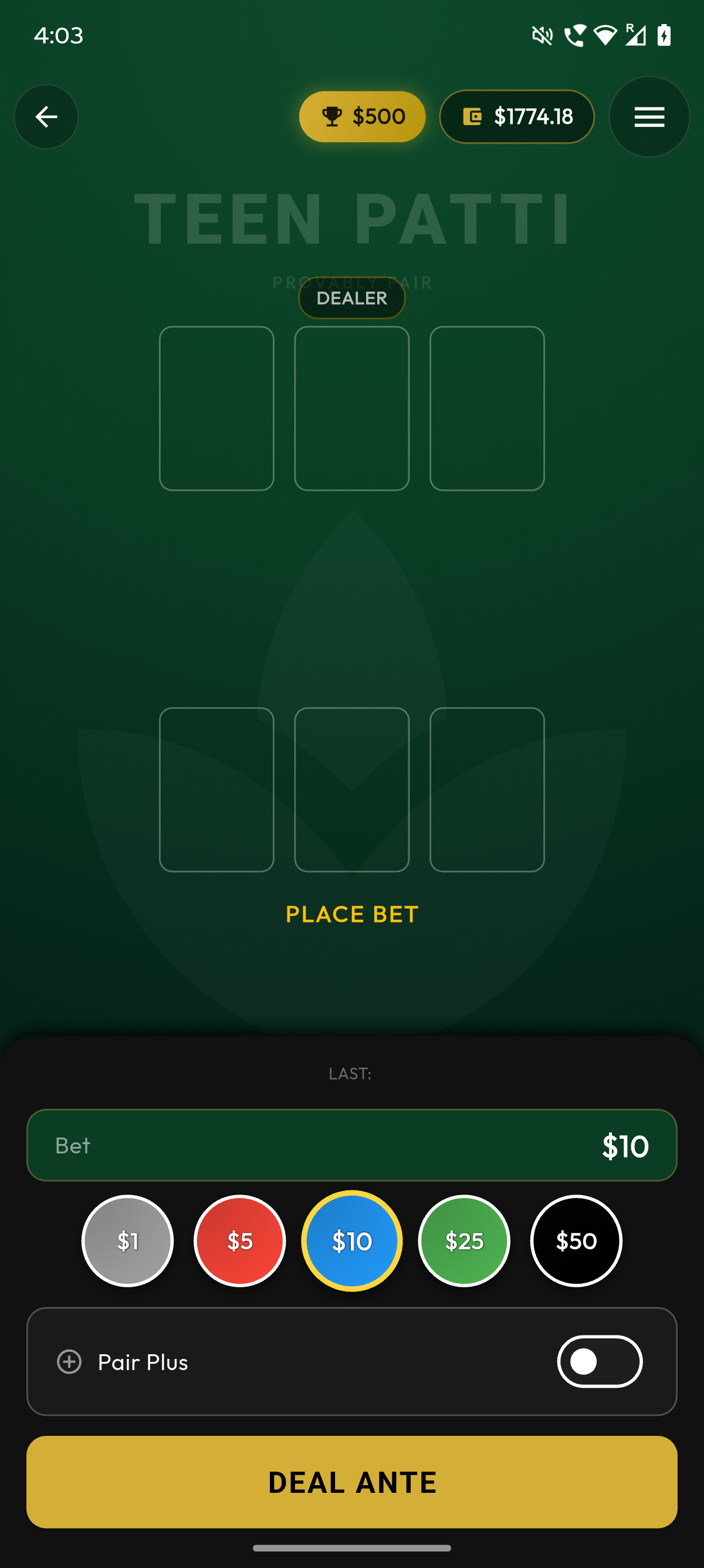 MPlay Teen Patti game interface showing cards and betting options