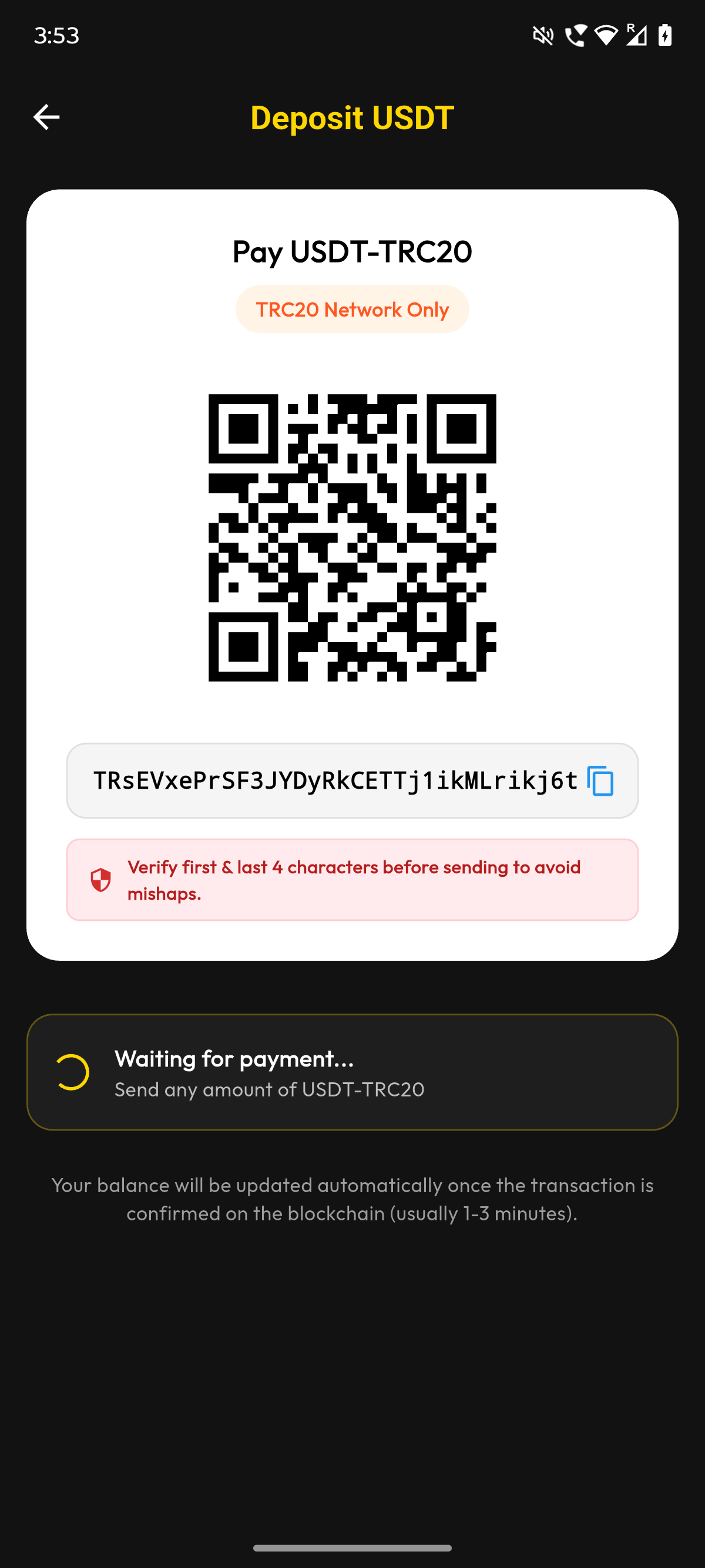 MPlay crypto deposit screen showing USDT TRC20 address