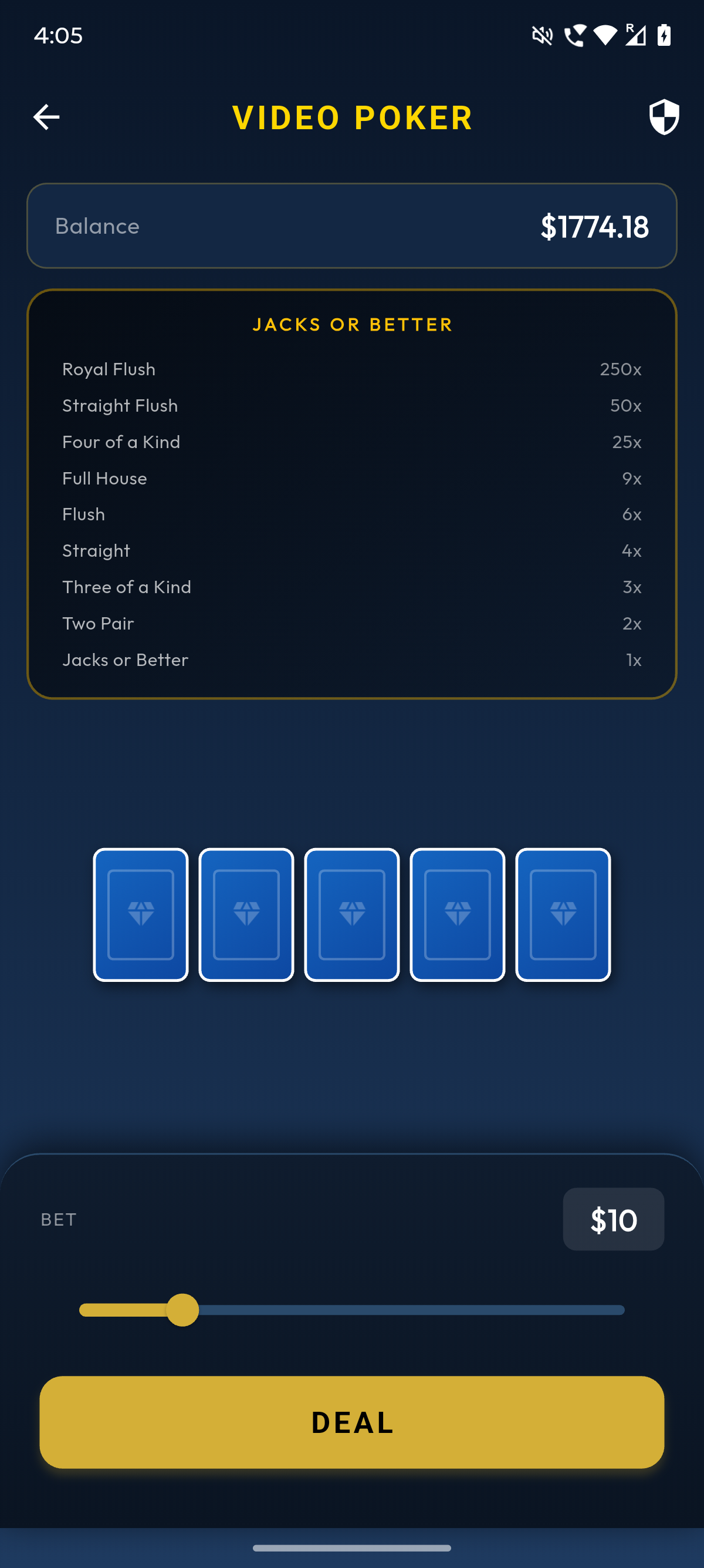 MPlay Video Poker game interface showing a hand of cards