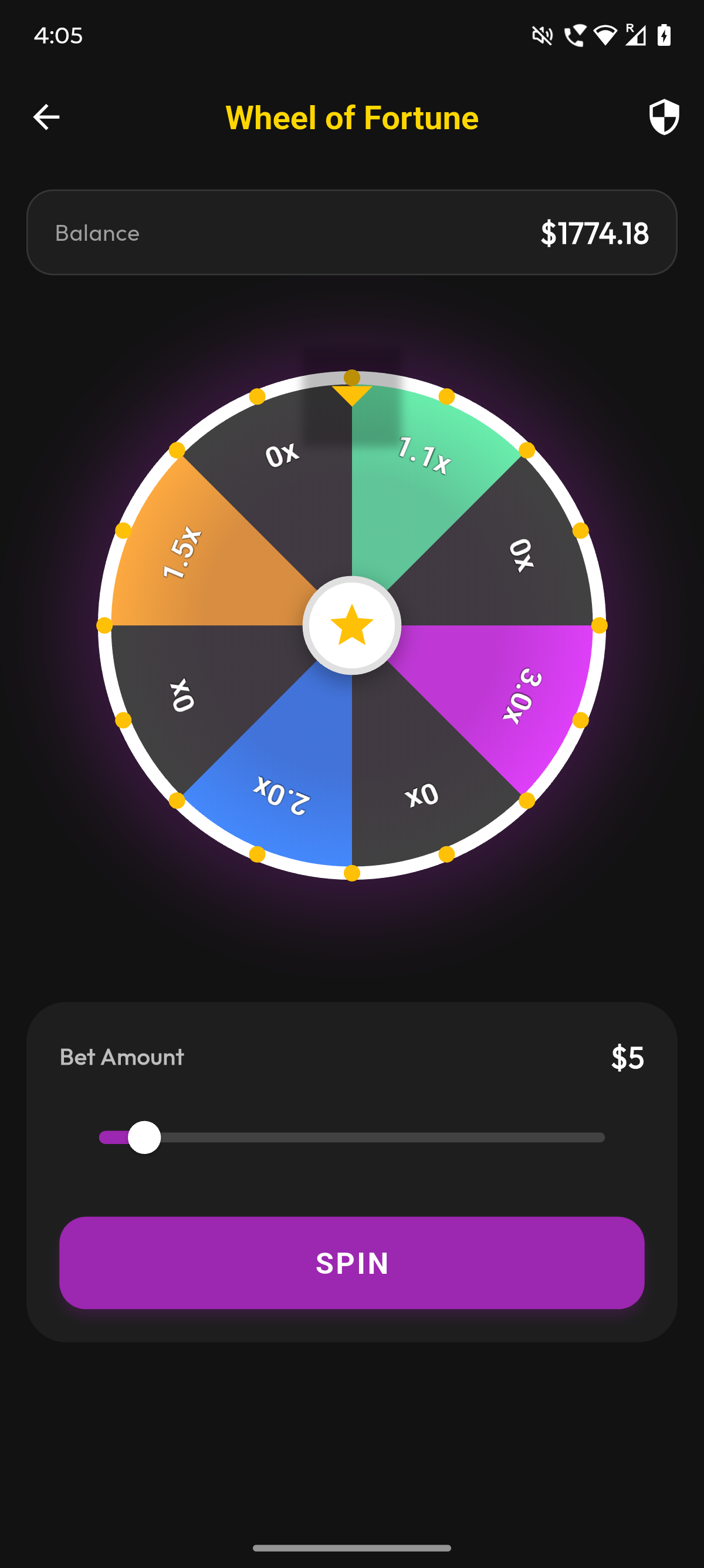 MPlay Wheel game showing colorful multiplier segments